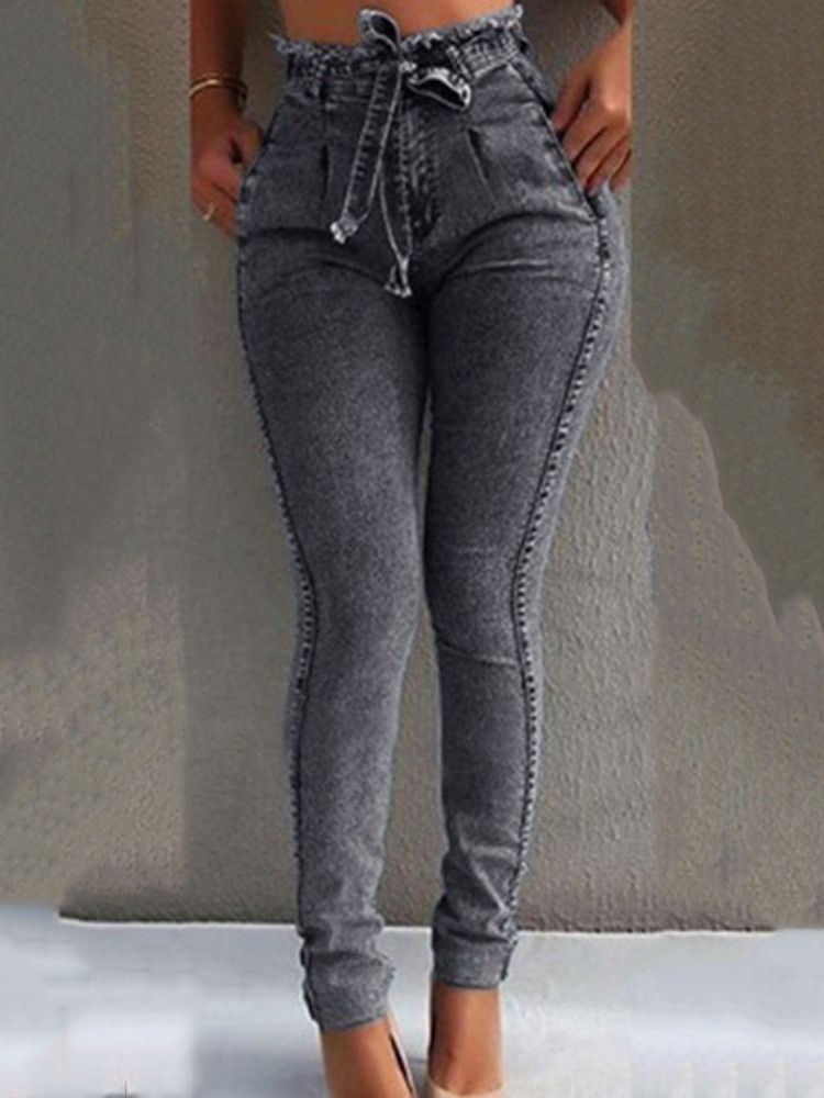 Damen-schnürjeans Mit Hoher Taille Und Einfarbiger Schleife