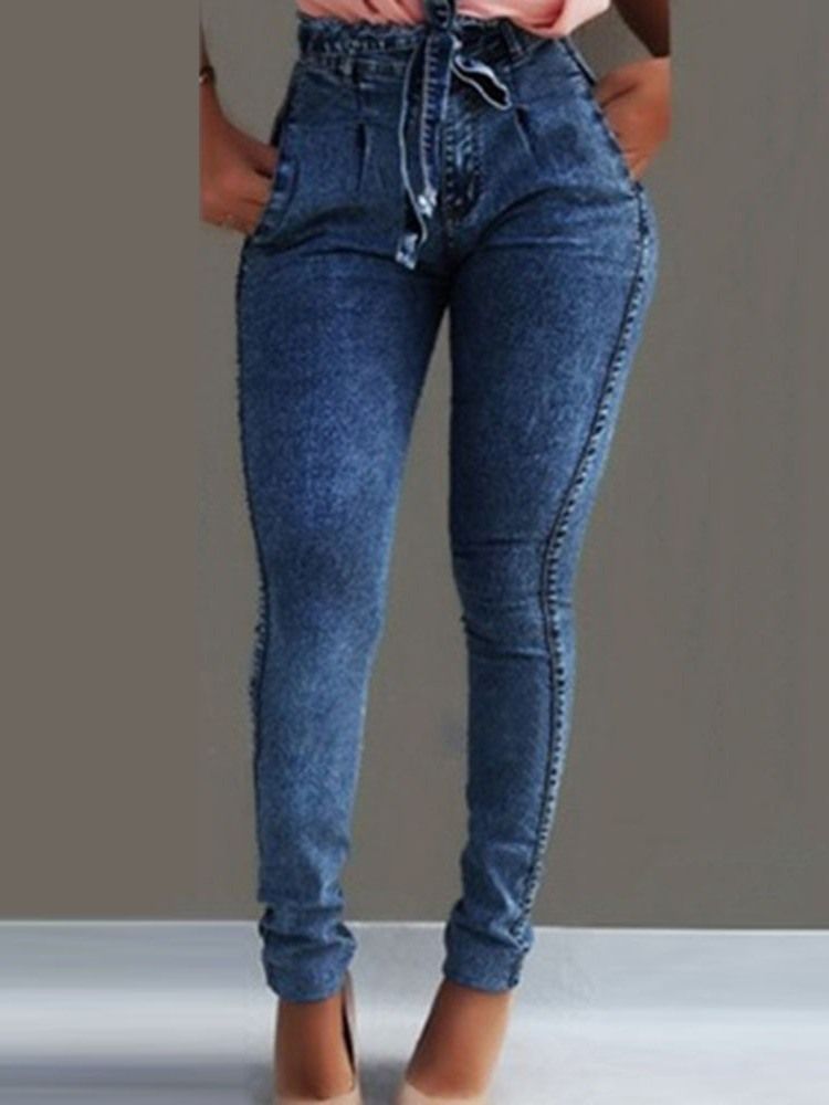 Damen-schnürjeans Mit Hoher Taille Und Einfarbiger Schleife