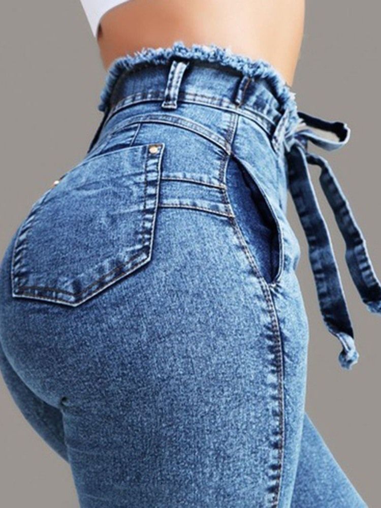 Damen-schnürjeans Mit Hoher Taille Und Einfarbiger Schleife