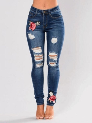 Damen-stickerei Mit Blumenmuster Und Zerrissenen Schmalen Mittelhohen Jeans