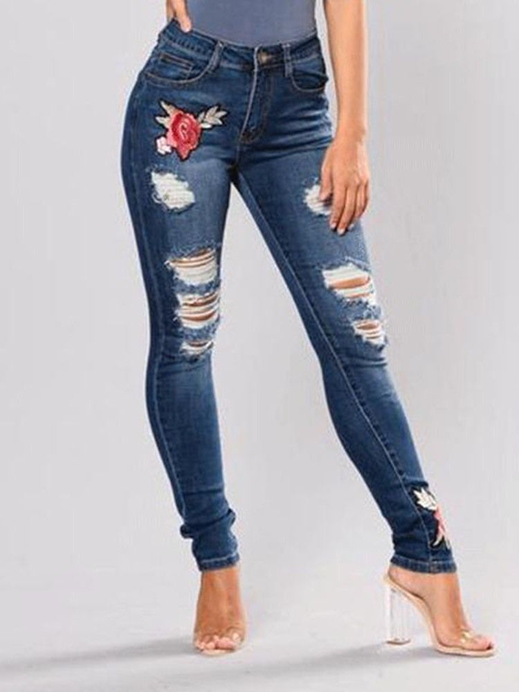 Damen-stickerei Mit Blumenmuster Und Zerrissenen Schmalen Mittelhohen Jeans