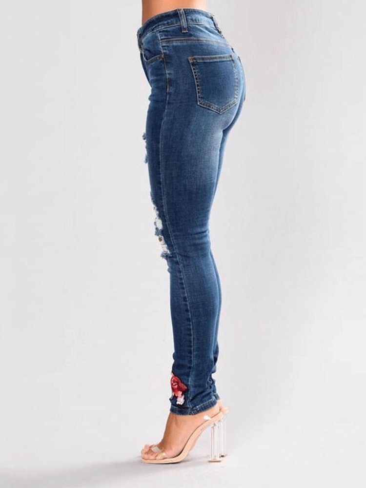 Damen-stickerei Mit Blumenmuster Und Zerrissenen Schmalen Mittelhohen Jeans