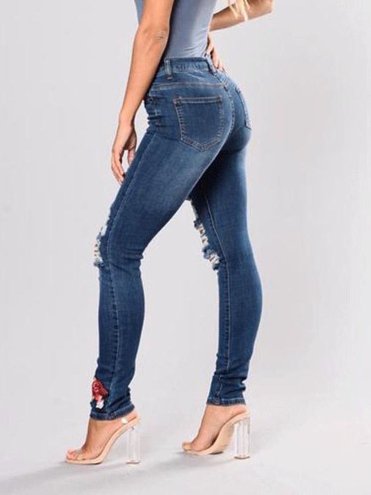 Damen-stickerei Mit Blumenmuster Und Zerrissenen Schmalen Mittelhohen Jeans