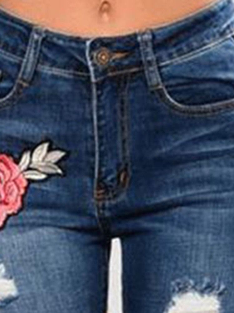 Damen-stickerei Mit Blumenmuster Und Zerrissenen Schmalen Mittelhohen Jeans