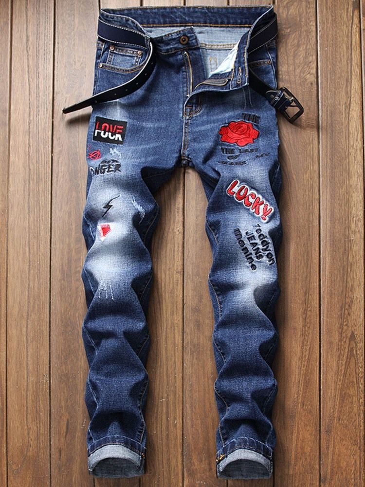 Druck Gerader Blumenreißverschluss Herren Freizeitjeans