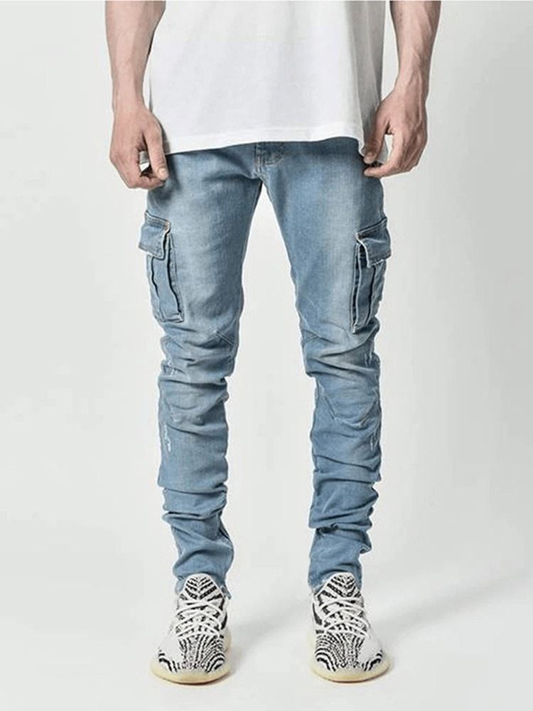 Einfache Bleistifthose Tasche Lässige Herren Jeans Mit Mittlerer Taille