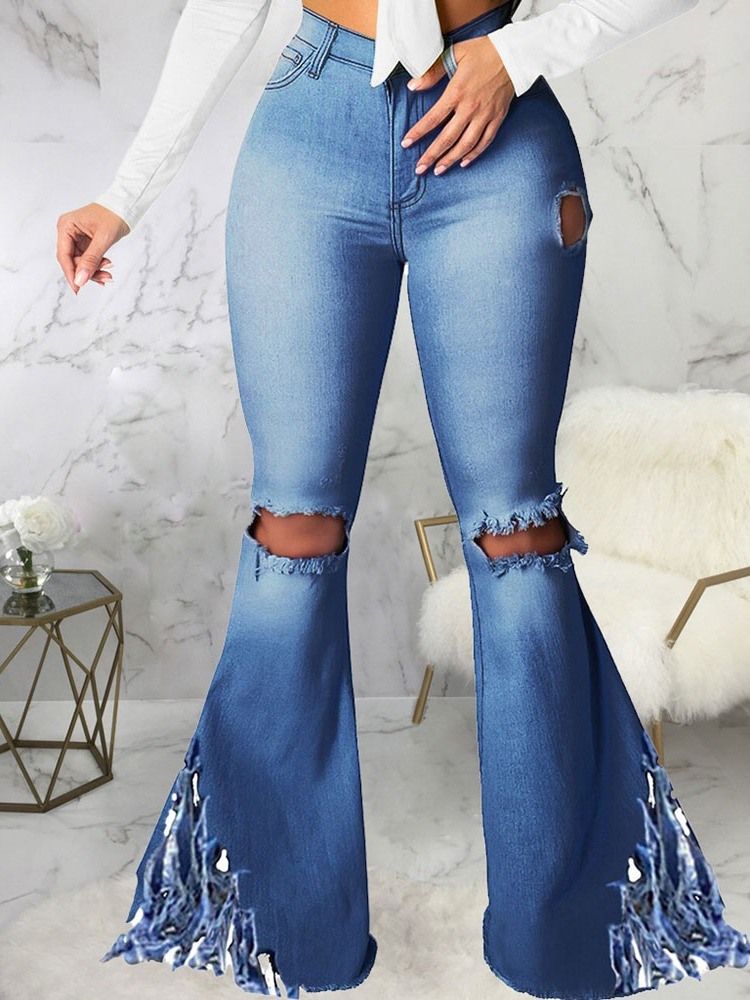 Einfache Quaste Schlaghose Damen Slim Zipper Jeans