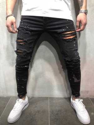 Einfarbig Bedruckte Zerrissene Herren Jeans Mit Mittlerer Taille