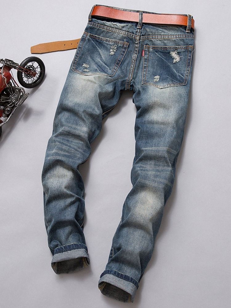 Europäische Herrenjeans Mit Gerader Farbblock-stickerei Mit Mittlerer Taille