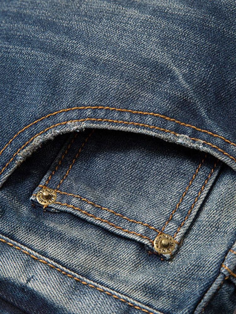 Europäische Herrenjeans Mit Gerader Farbblock-stickerei Mit Mittlerer Taille