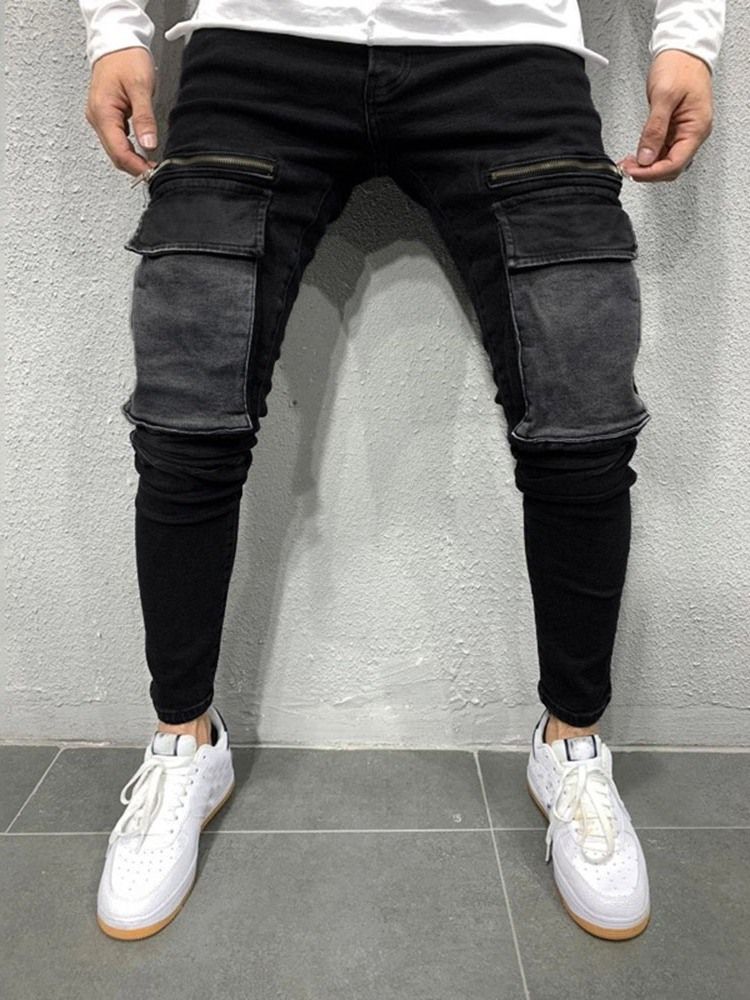 Farbblock Patchwork Bleistifthose Lässige Herren Jeans Mit Mittlerer Taille Mid