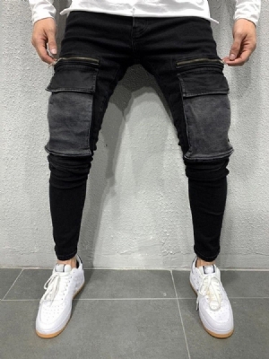 Farbblock Patchwork Bleistifthose Lässige Herren Jeans Mit Mittlerer Taille Mid