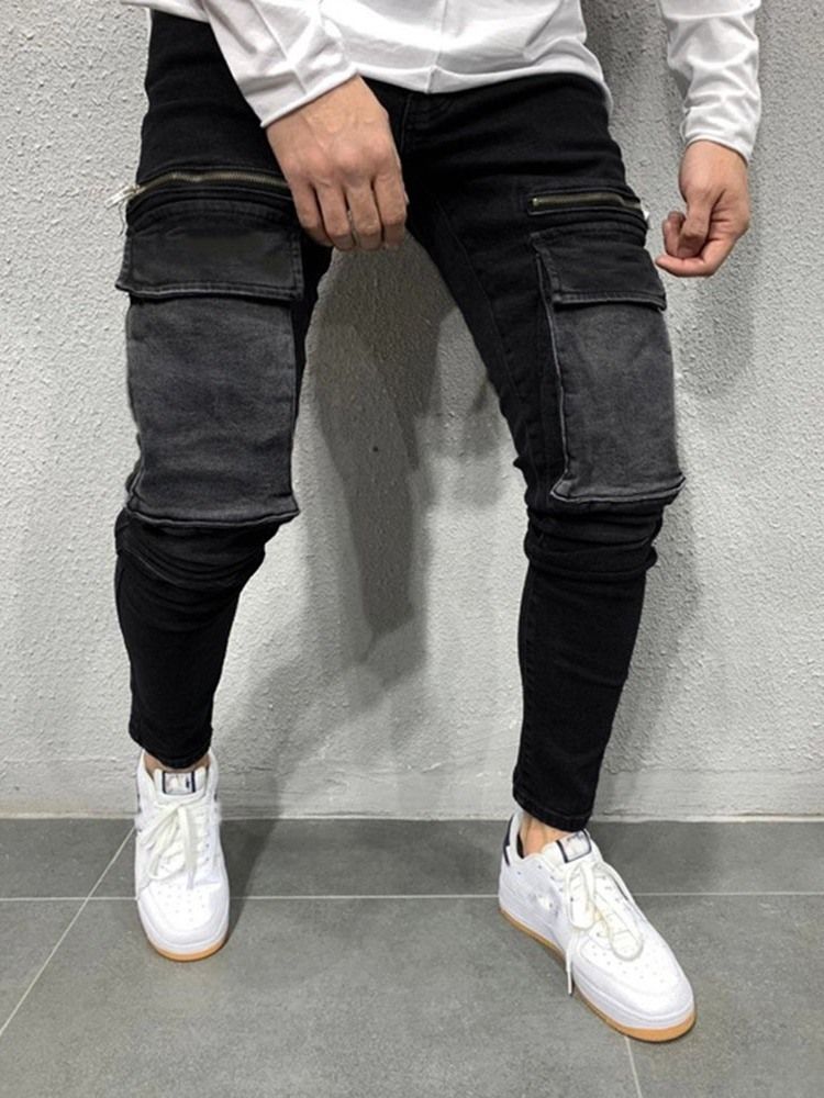 Farbblock Patchwork Bleistifthose Lässige Herren Jeans Mit Mittlerer Taille Mid