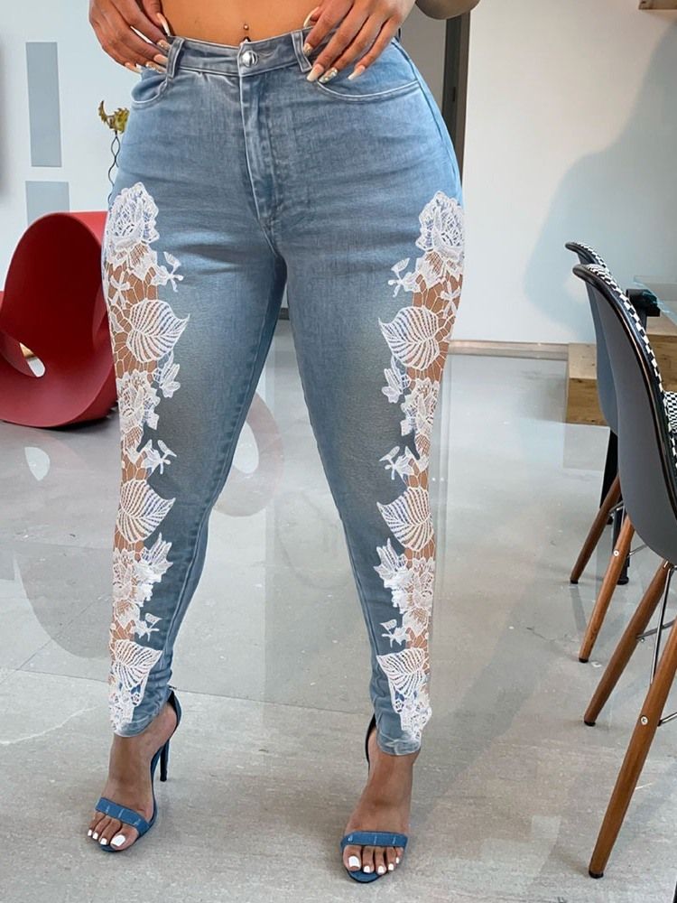 Floral Washable Pencil Pants Damen Slim Zipper Jeans