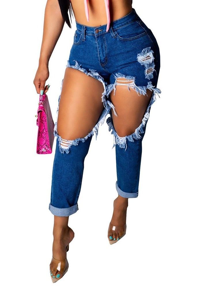 Frauen Mit Schlichter Tasche Sexy Slim Zipper Ripped Jeans