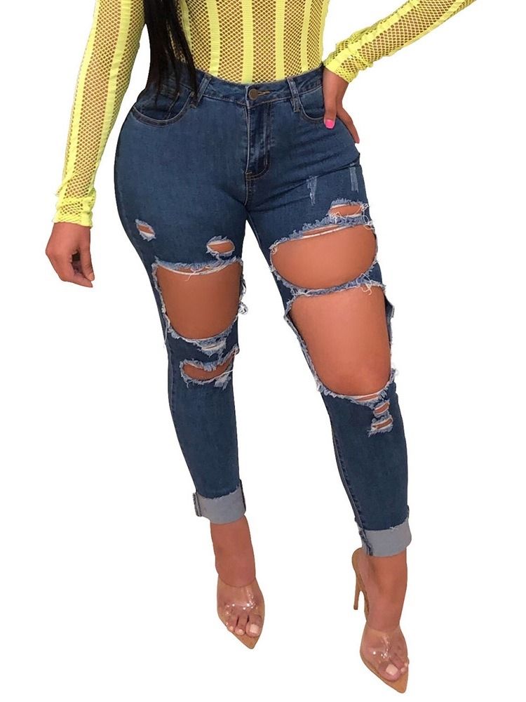 Frauen Sexy Plain Skinny Zipper Zerrissene Jeans