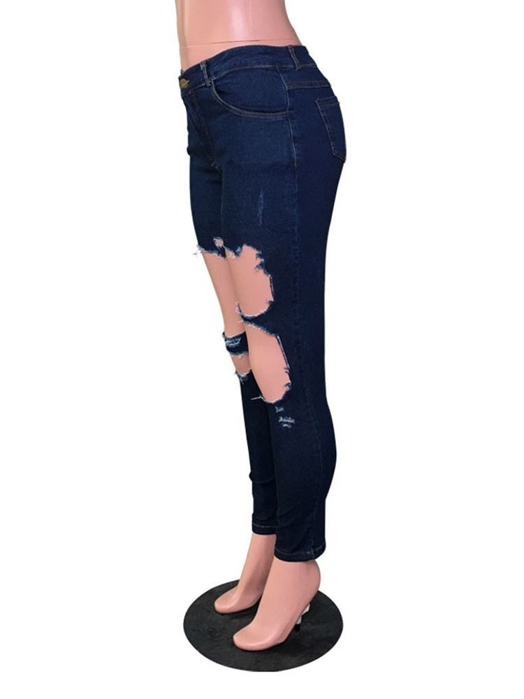 Frauen Sexy Plain Skinny Zipper Zerrissene Jeans