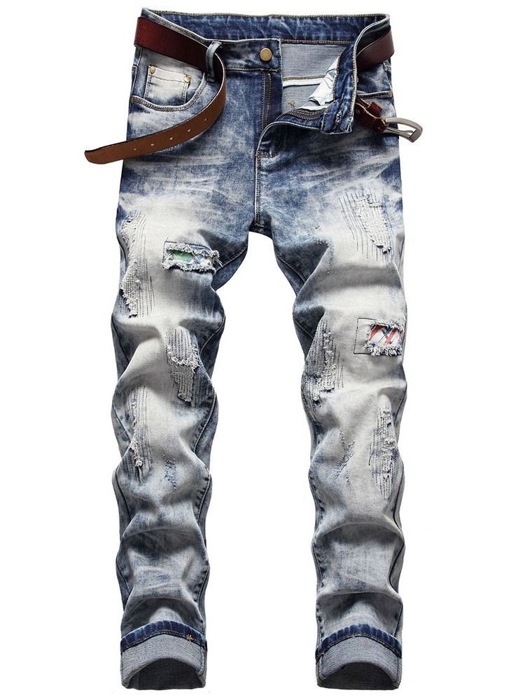 Getragene Hip Hop Herren Jeans Mit Mittlerer Taille