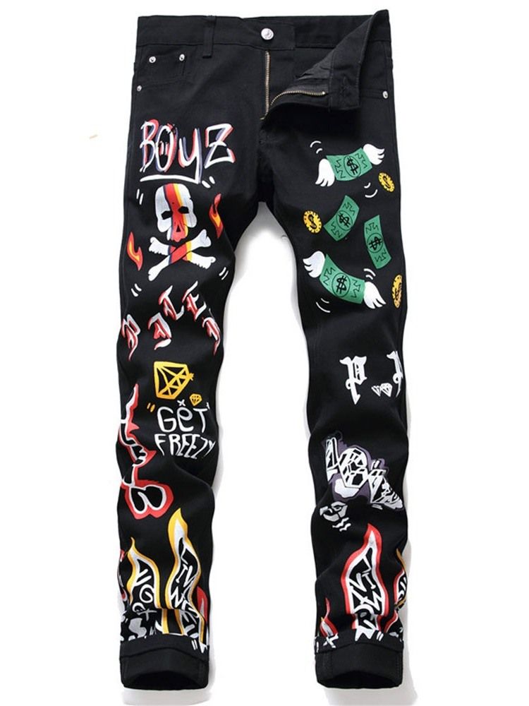 Herren Bleistifthose Print Cartoon Mid Waist Zipper Jeans