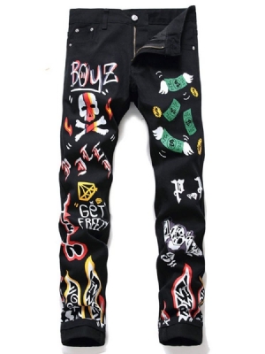 Herren Bleistifthose Print Cartoon Mid Waist Zipper Jeans