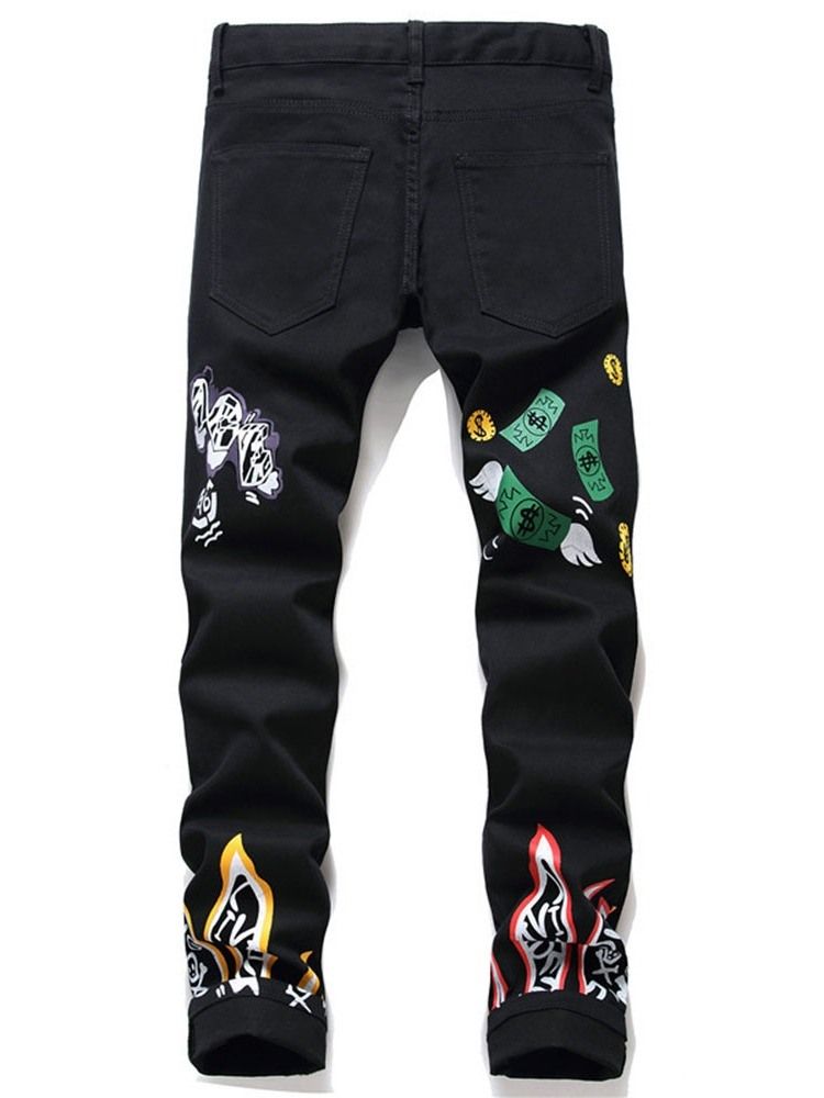 Herren Bleistifthose Print Cartoon Mid Waist Zipper Jeans