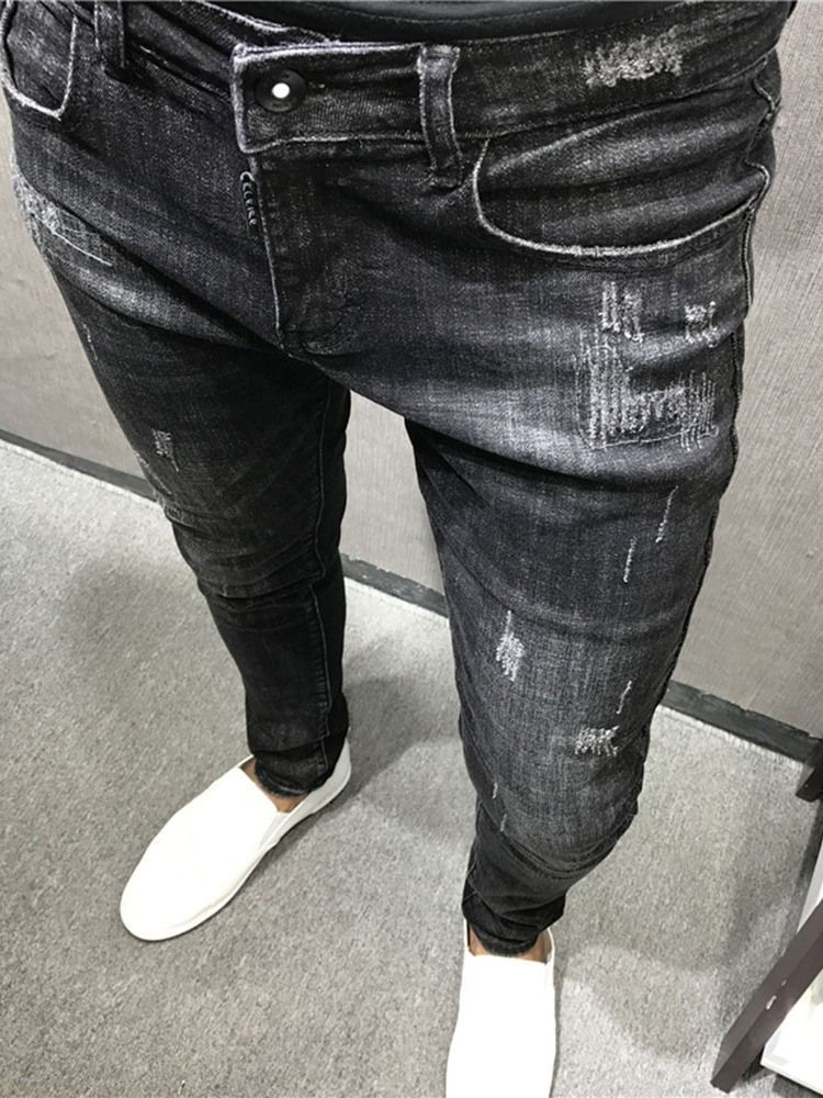 Herren Dünne Schlichte Bleistifthose Reißverschluss Jeans Zip