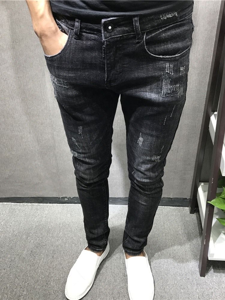 Herren Dünne Schlichte Bleistifthose Reißverschluss Jeans Zip