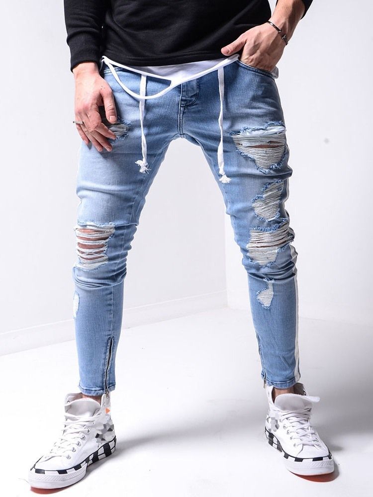 Herren Loch Bleistifthose Reißverschluss Sportjeans