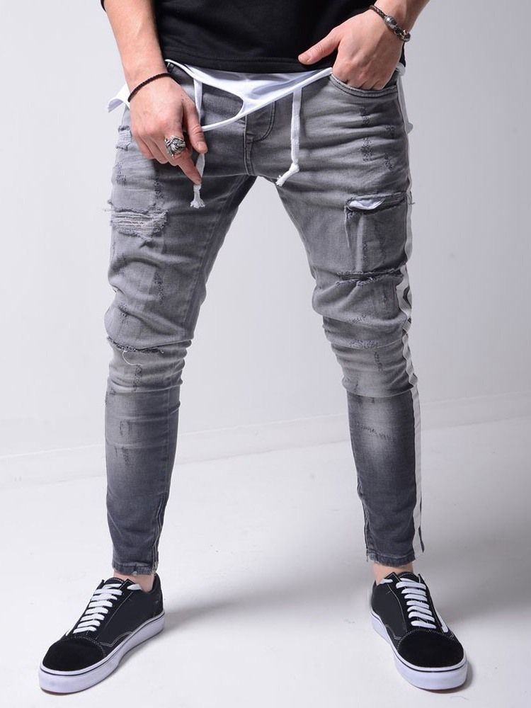 Herren Loch Bleistifthose Reißverschluss Sportjeans