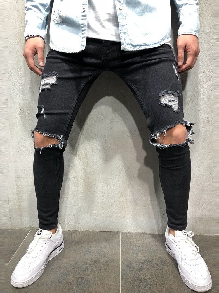 Herren-loch-dünne Einfarbige Jeans Mit Niedrigem Bund