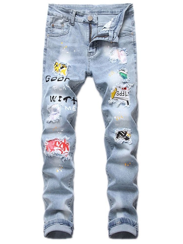 Herren Print Letter Zipper Casual Jeans