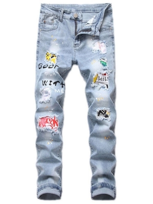 Herren Print Letter Zipper Casual Jeans