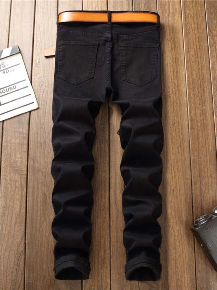 Herren-stickerei-bleistift-hose Mit Blumen-reißverschluss Mid Waist Jeans