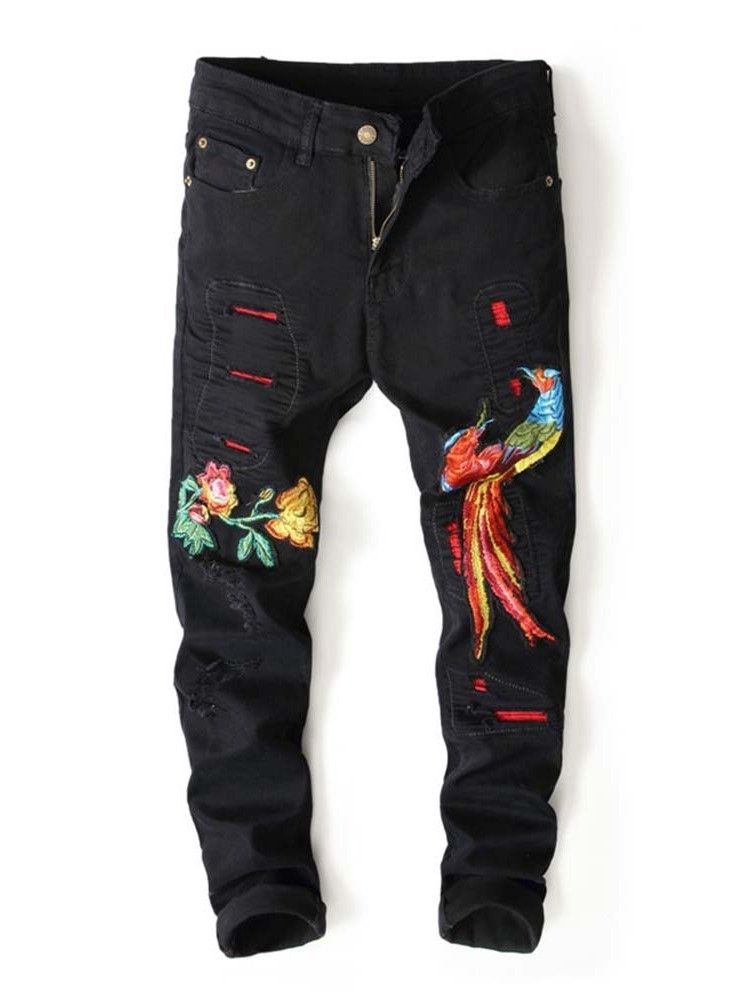 Herren-stickerei-bleistift-hose Mit Blumen-reißverschluss Mid Waist Jeans