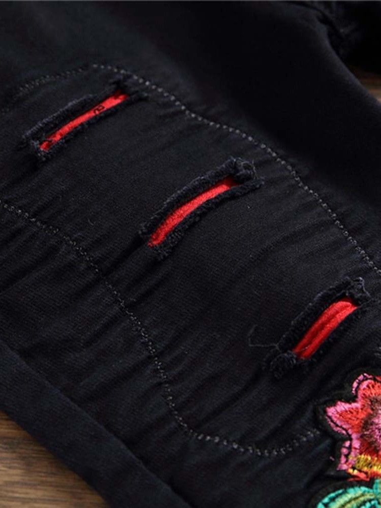 Herren-stickerei-bleistift-hose Mit Blumen-reißverschluss Mid Waist Jeans