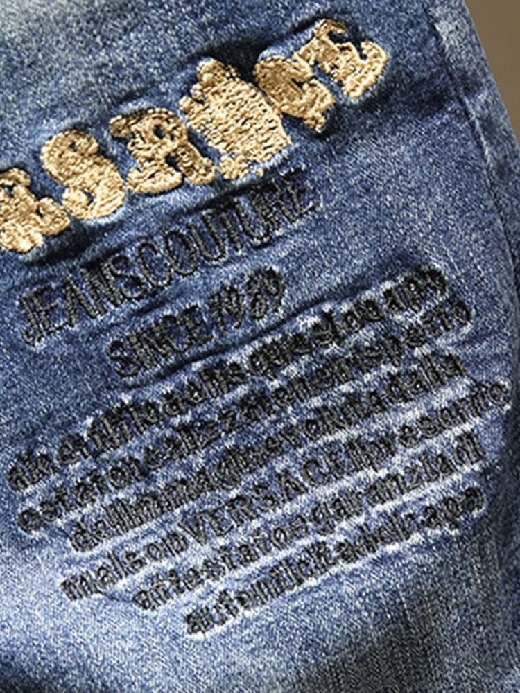 Herren Stickerei Buchstaben Bleistift Hose Reißverschluss Freizeitjeans