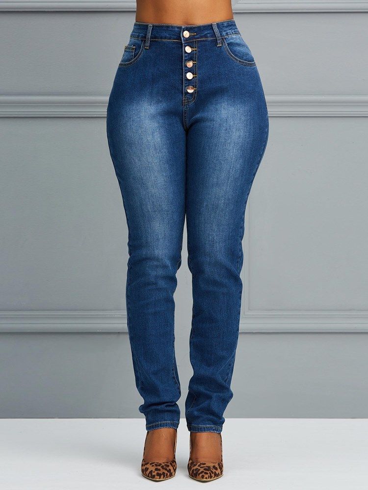 Knopf Skinny Schlichte Damenjeans