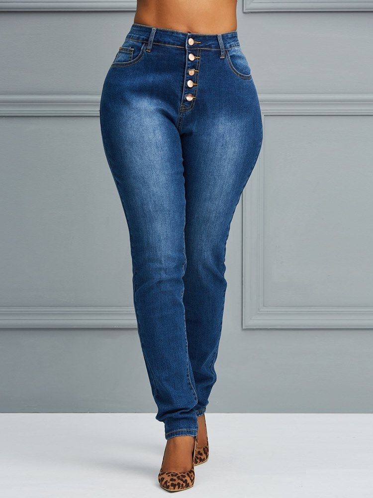 Knopf Skinny Schlichte Damenjeans