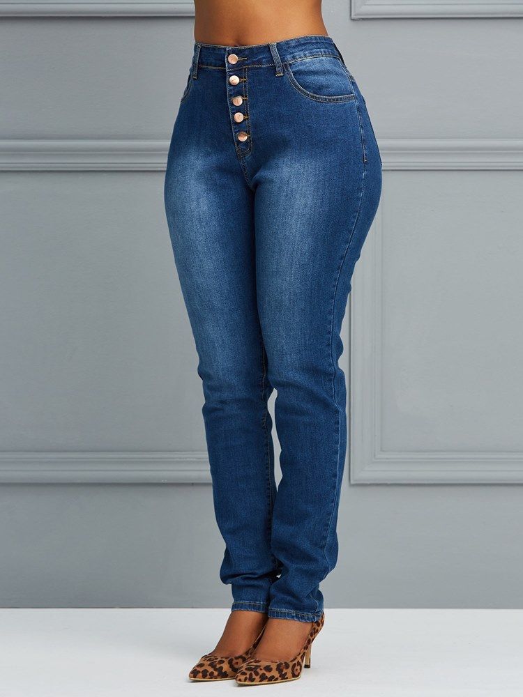 Knopf Skinny Schlichte Damenjeans