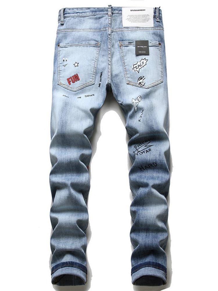 Koreanische Herren-jeans Mit Mittlerer Taille Und Buchstabe Drucken