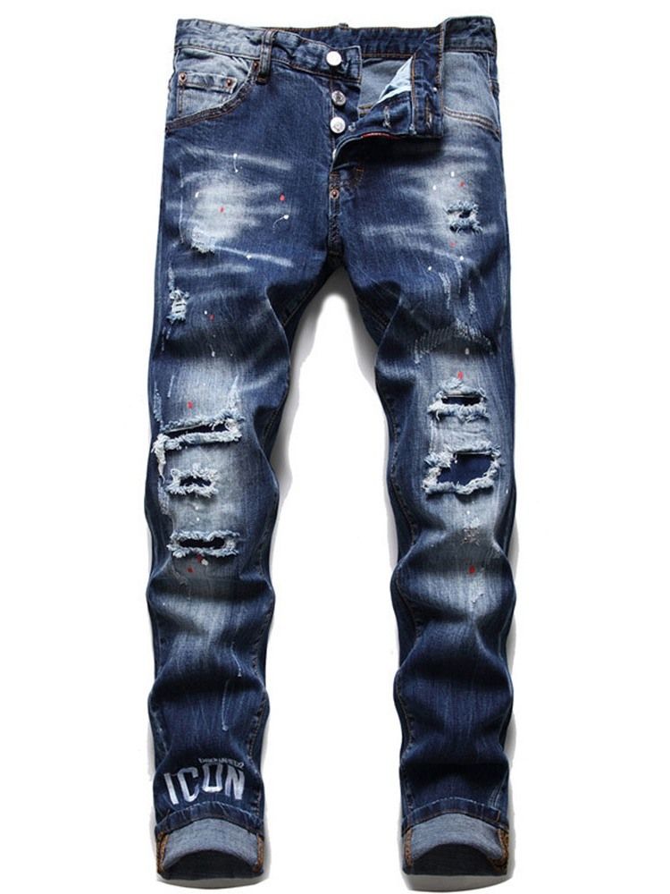 Letter Worn Pencil Pants European Men's Button Jeans