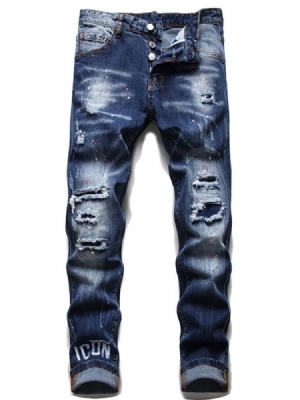 Letter Worn Pencil Pants European Men's Button Jeans