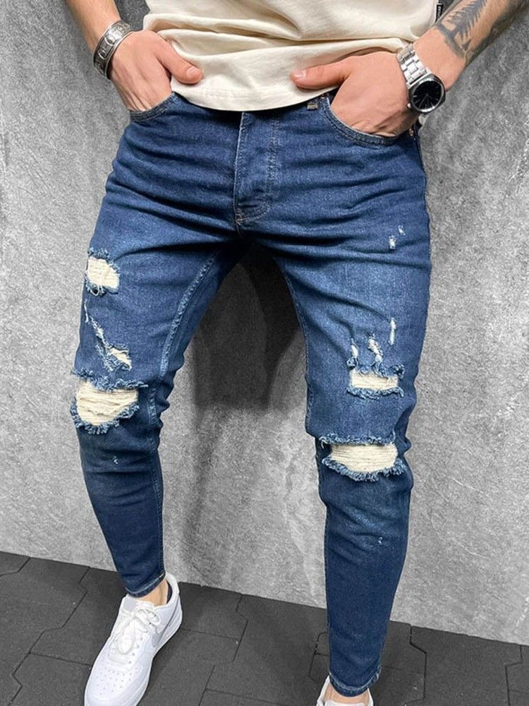 Loch Bleistift Hose Reißverschluss Herren Freizeitjeans