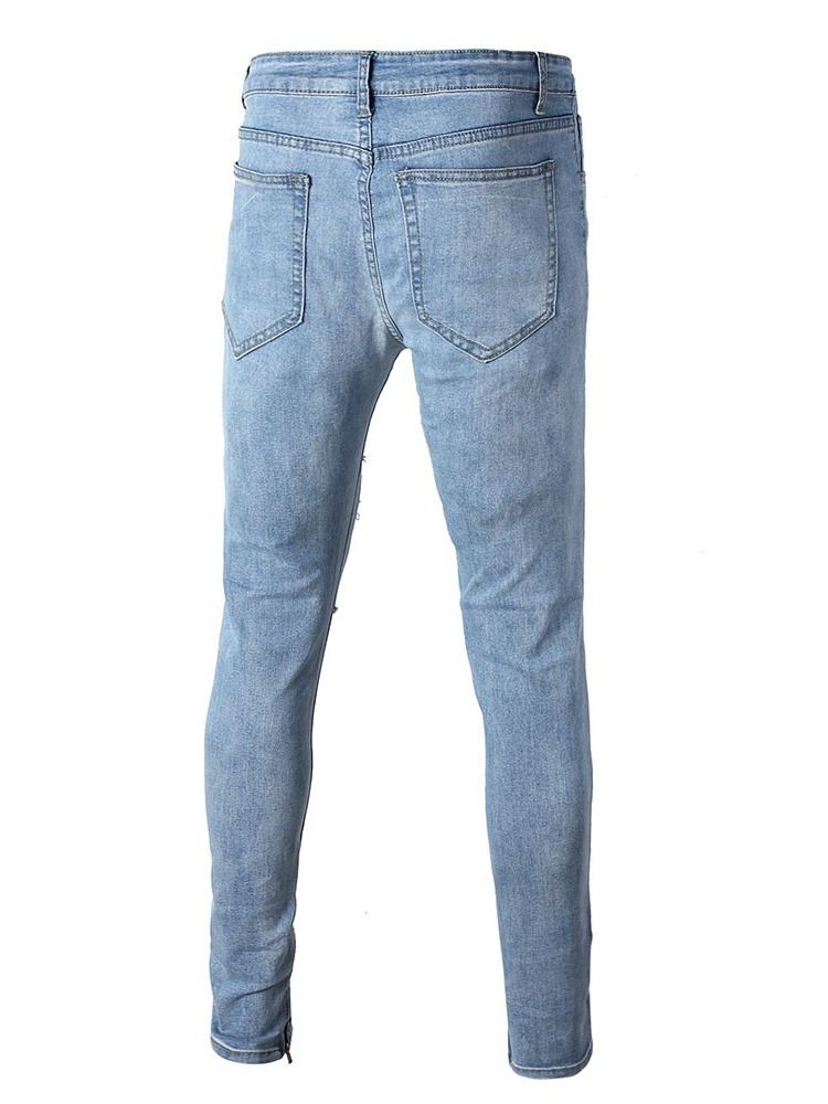 Loch Bleistifthose Schlichte Mid Waist Herren Slim Casual Jeans