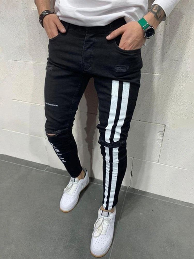 Loch Color Block Bleistifthose Reißverschluss Herren Freizeitjeans