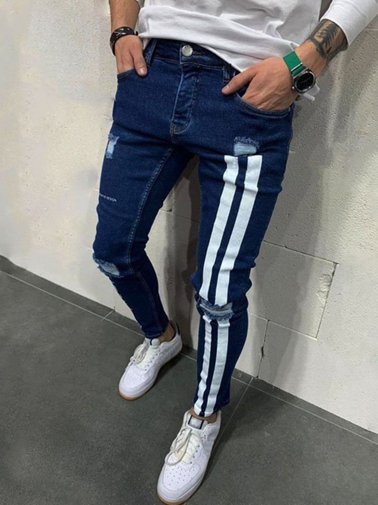 Loch Color Block Bleistifthose Reißverschluss Herren Freizeitjeans