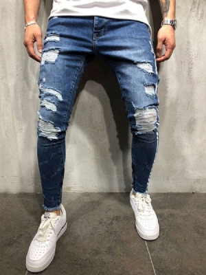 Loch Color Block Mid Waist Herren Jeans Mit Reißverschluss