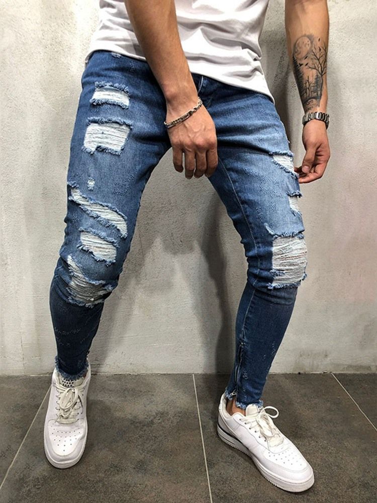 Loch Color Block Mid Waist Herren Jeans Mit Reißverschluss