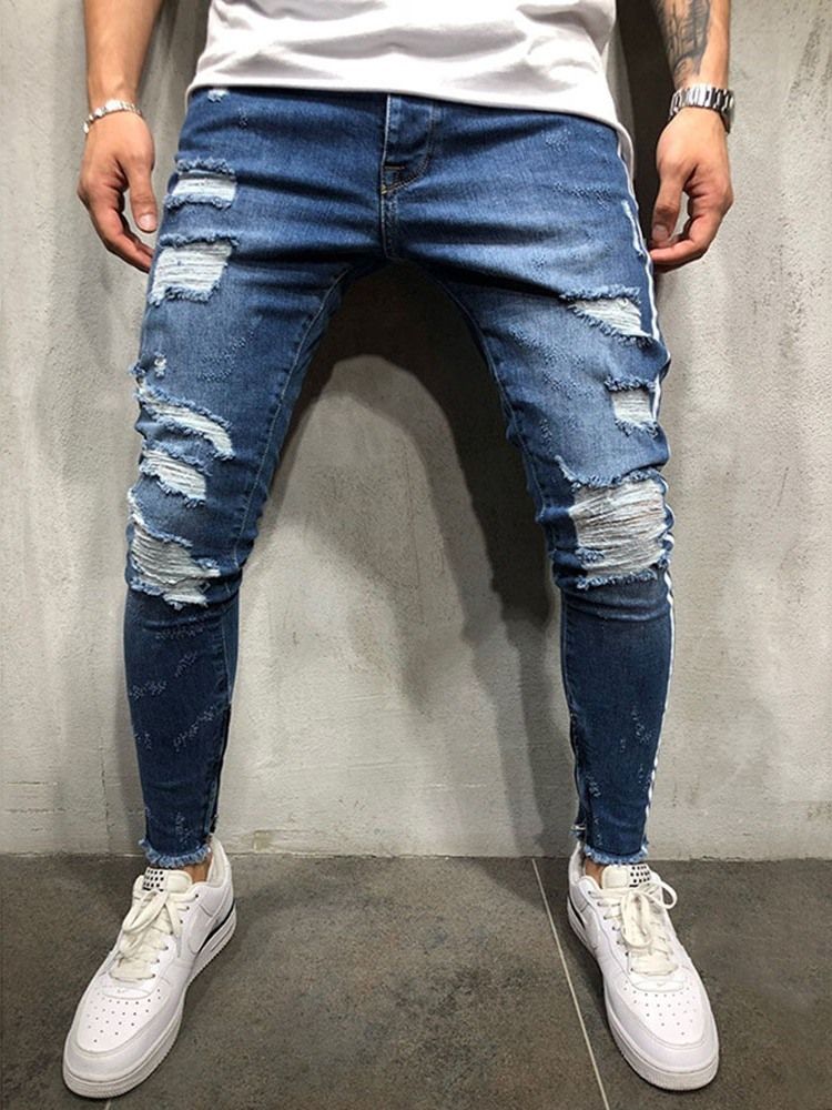 Loch Color Block Mid Waist Herren Jeans Mit Reißverschluss