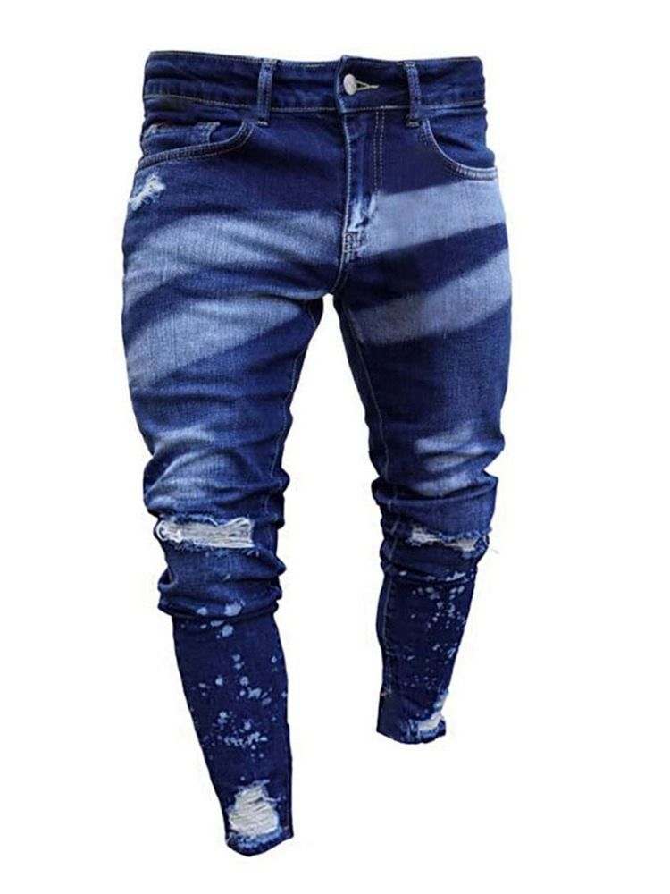 Loch Farbblock Bleistift Hose Reißverschluss Mode Herren Jeans